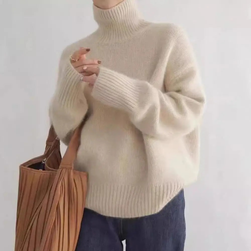 Cozy Women's Lightweight Knit Sweater - High Collar, Soft & Loose Fit