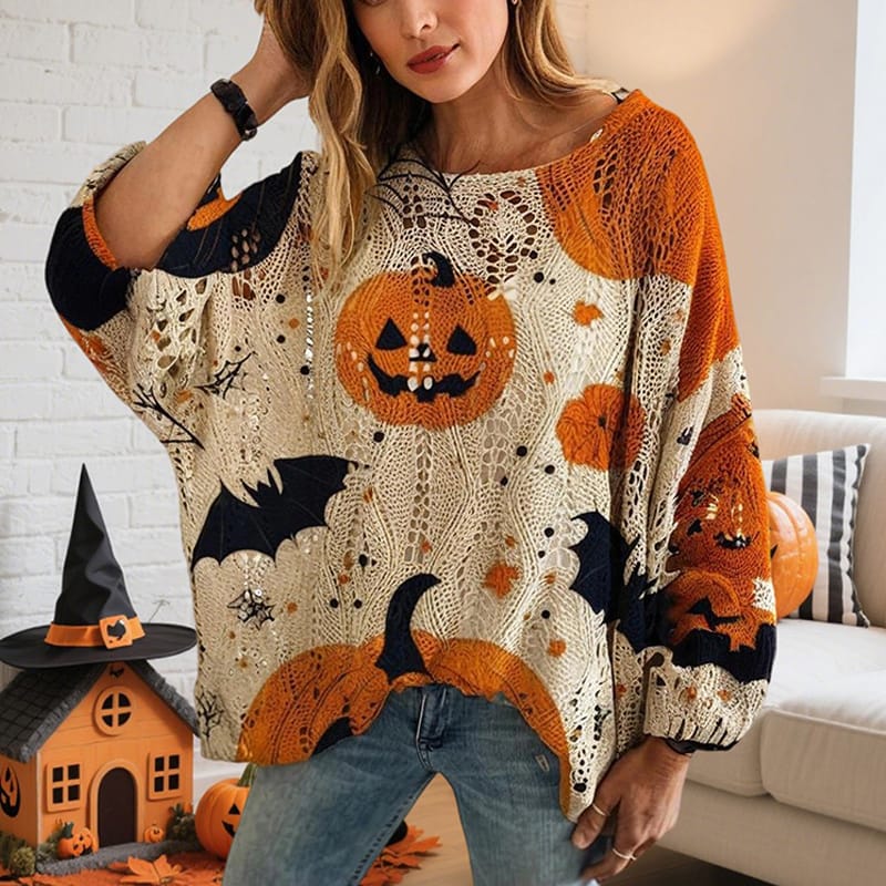 Women’s Diamond Hollow Batwing Sleeve Pumpkin Print Top