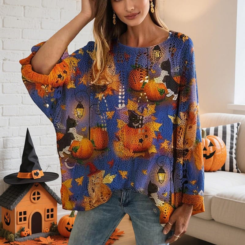 Women’s Diamond Hollow Batwing Sleeve Pumpkin Print Top - Image 6