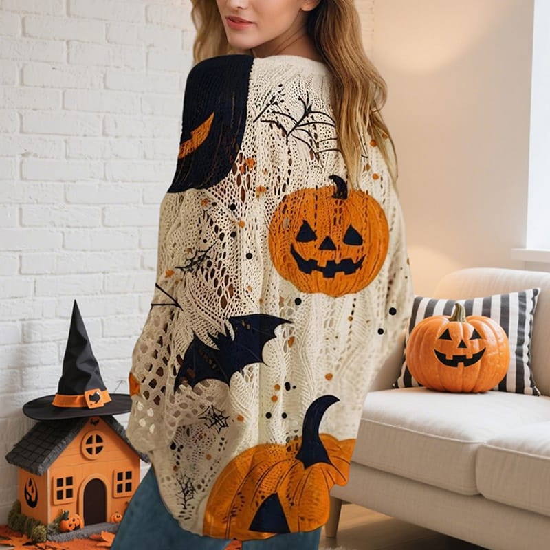Women’s Diamond Hollow Batwing Sleeve Pumpkin Print Top - Image 2
