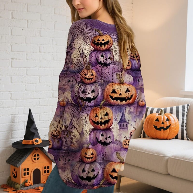 Women’s Diamond Hollow Batwing Sleeve Pumpkin Print Top - Image 7