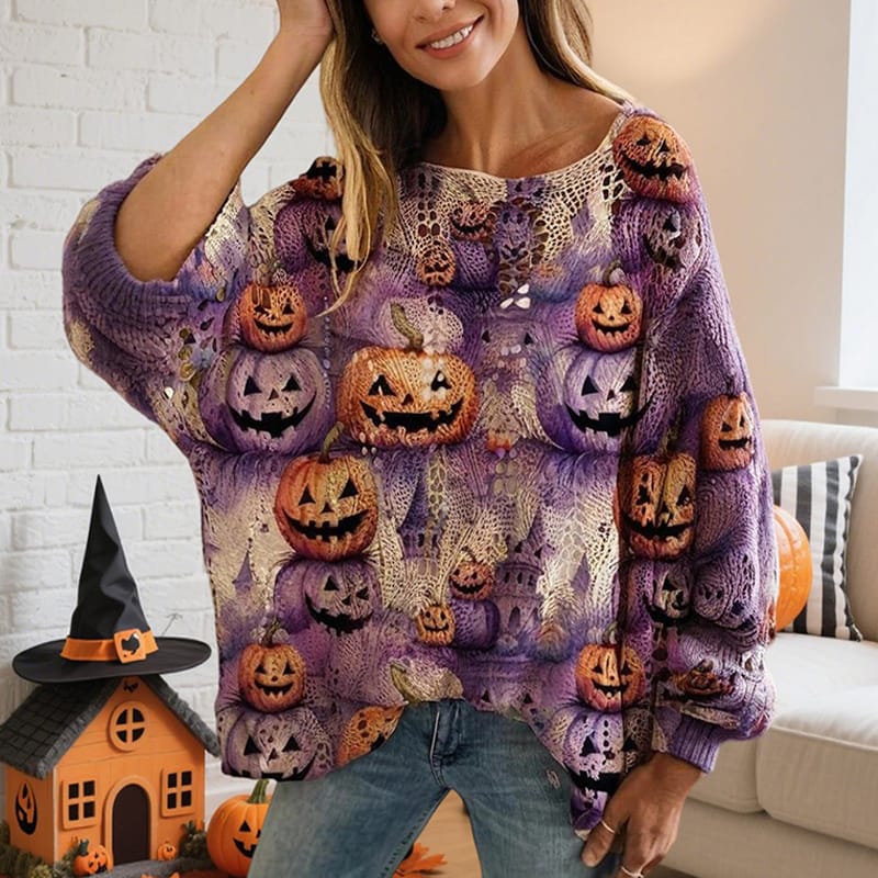 Women’s Diamond Hollow Batwing Sleeve Pumpkin Print Top - Image 5