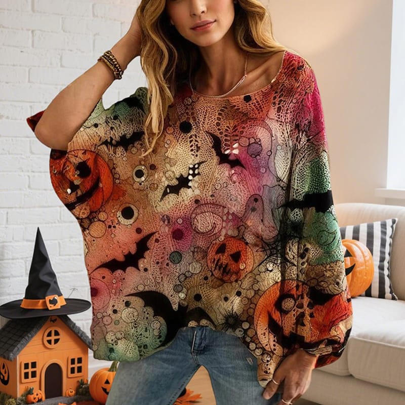 Women’s Diamond Hollow Batwing Sleeve Pumpkin Print Top - Image 8